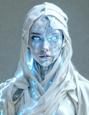 The primary subject of the image is a woman with blue eyes and a white outfit. She is wearing a white hooded robe and has a blue and white color scheme. The setting is a dark room, and the visual style is a digital art or illustration. The overall atmosphere is mysterious and intriguing.